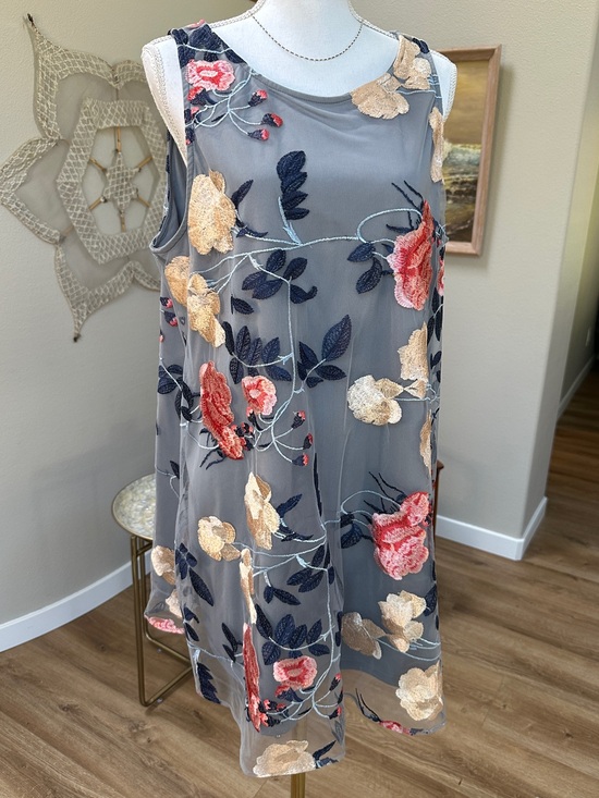 ECI Dresses & Skirts - ECI Gray Sleeveless A line Midi Dress with Coral & Cream Floral Embroidery